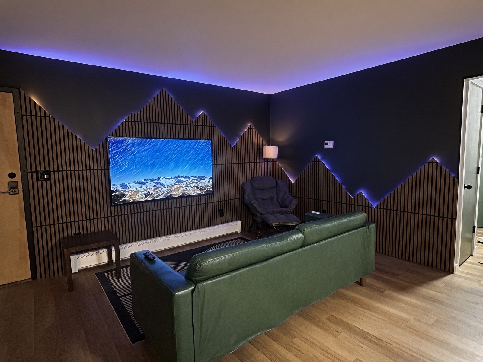 Living room with mountain accent wall and TV